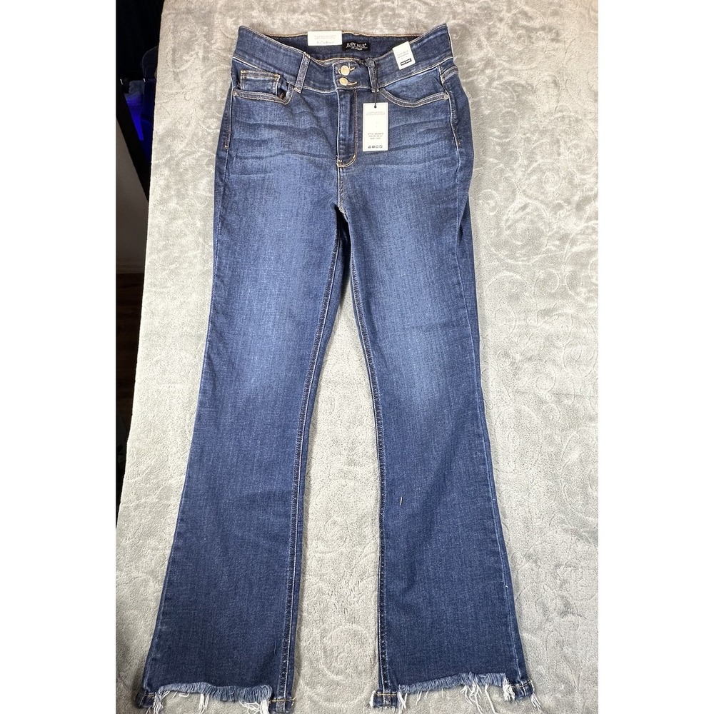 Judy Blue Boot Cut Jeans 13/31 Blue Distressed Mid Rise Frayed Hem Double Button - Picture 2 of 12